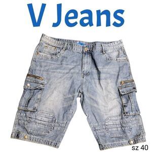 V Jeans Trendy Distressed Denim Cargo & Zip Pockets Blue Jean Shorts